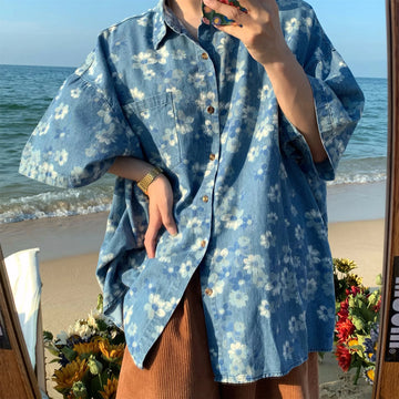 Riolio Floral Denim Shirts Men Summer Holiday Handsome Baggy Tops Vintage Streetwear Fashion All-match Pockets Beach Style New Рубашка